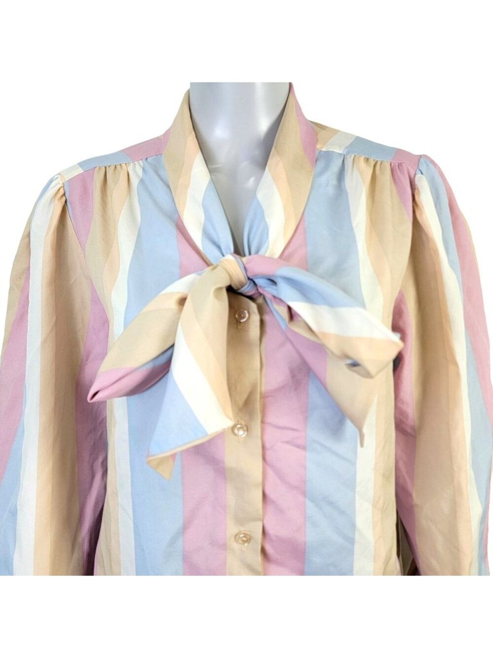 Vintage 70s Stripe Blouse Shirt Women 14 Pink Blue Retro Top Work Formal XL Fall